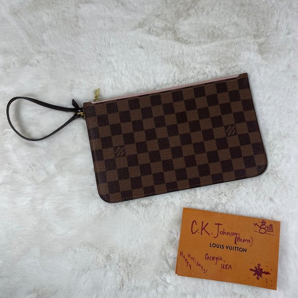 Louis Vuitton Handbags - Louis Vuitton Damier Ebene Neverfull Clutch Rose Ballerine Interior Purse